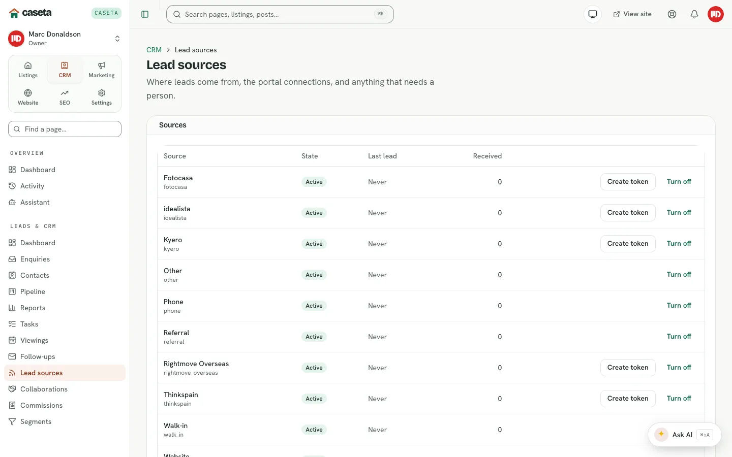 Lead sources settings with sources and review queue