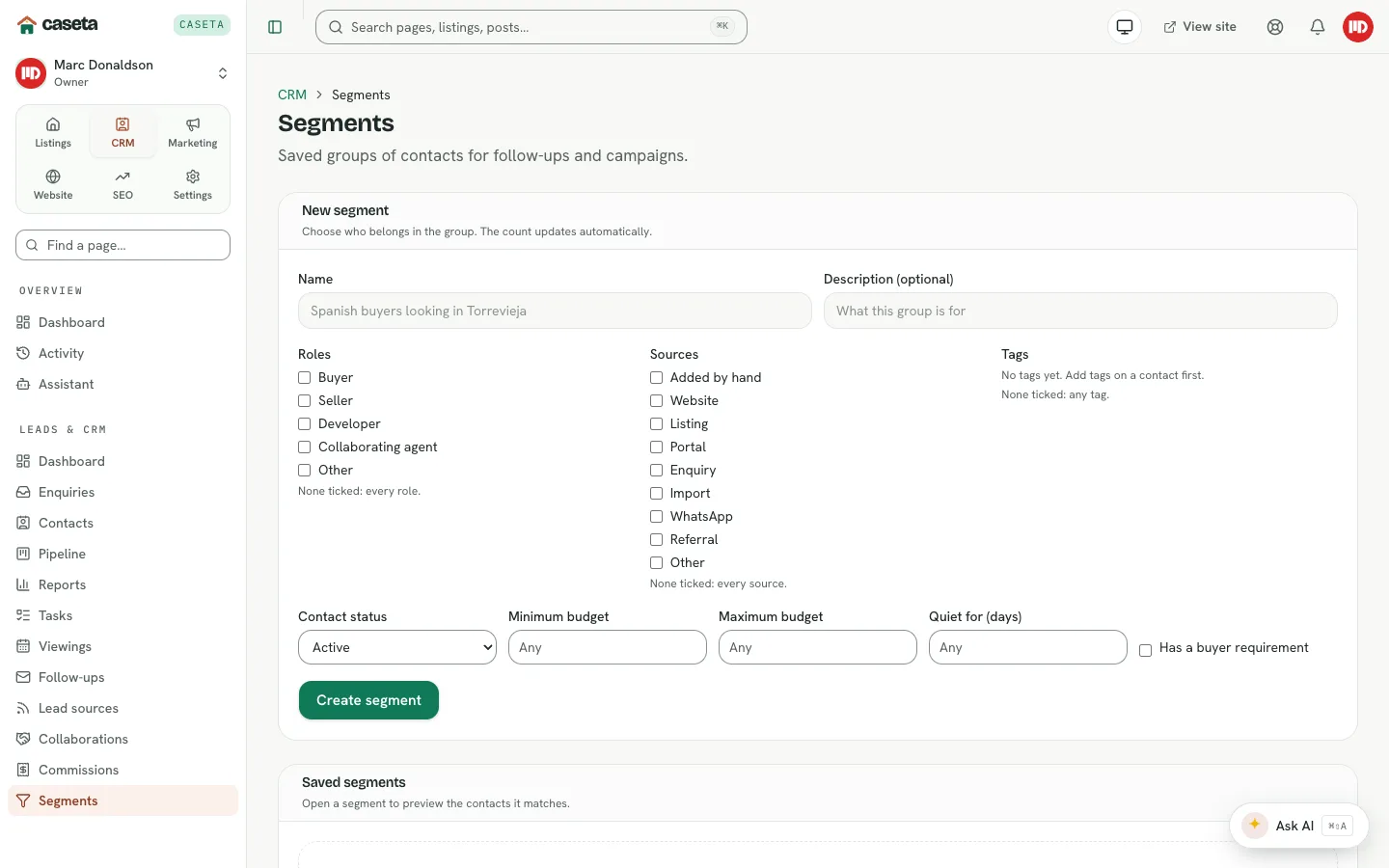 CRM segments list with the create form