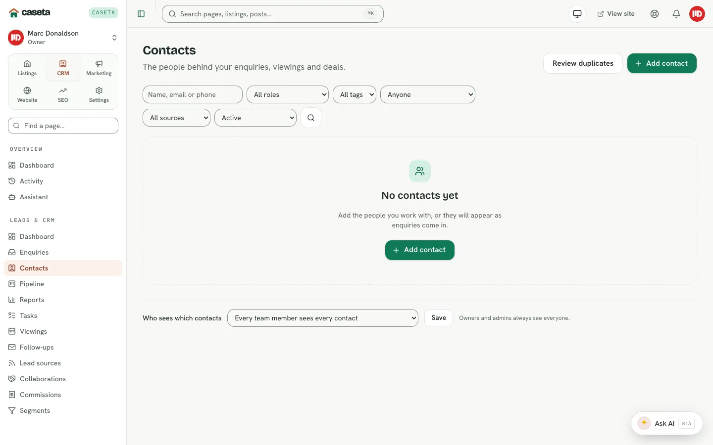 CRM contacts list with search, filters and add contact action