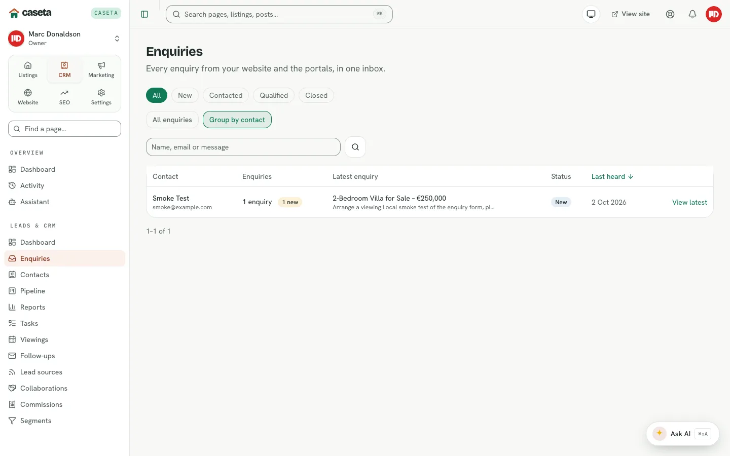 Enquiries inbox with filters and the enquiry list
