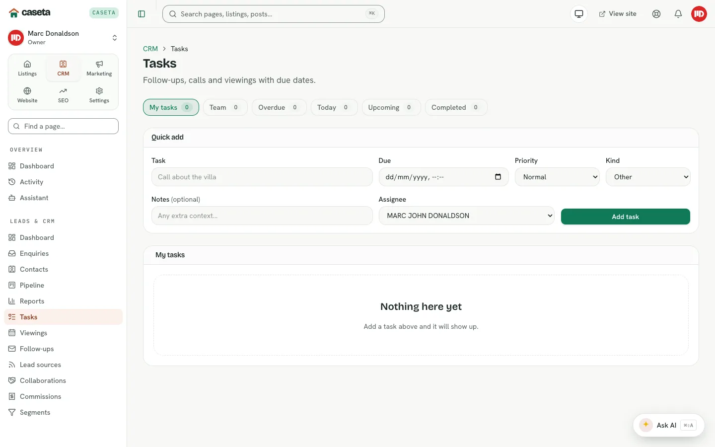 CRM tasks page with quick add and task views