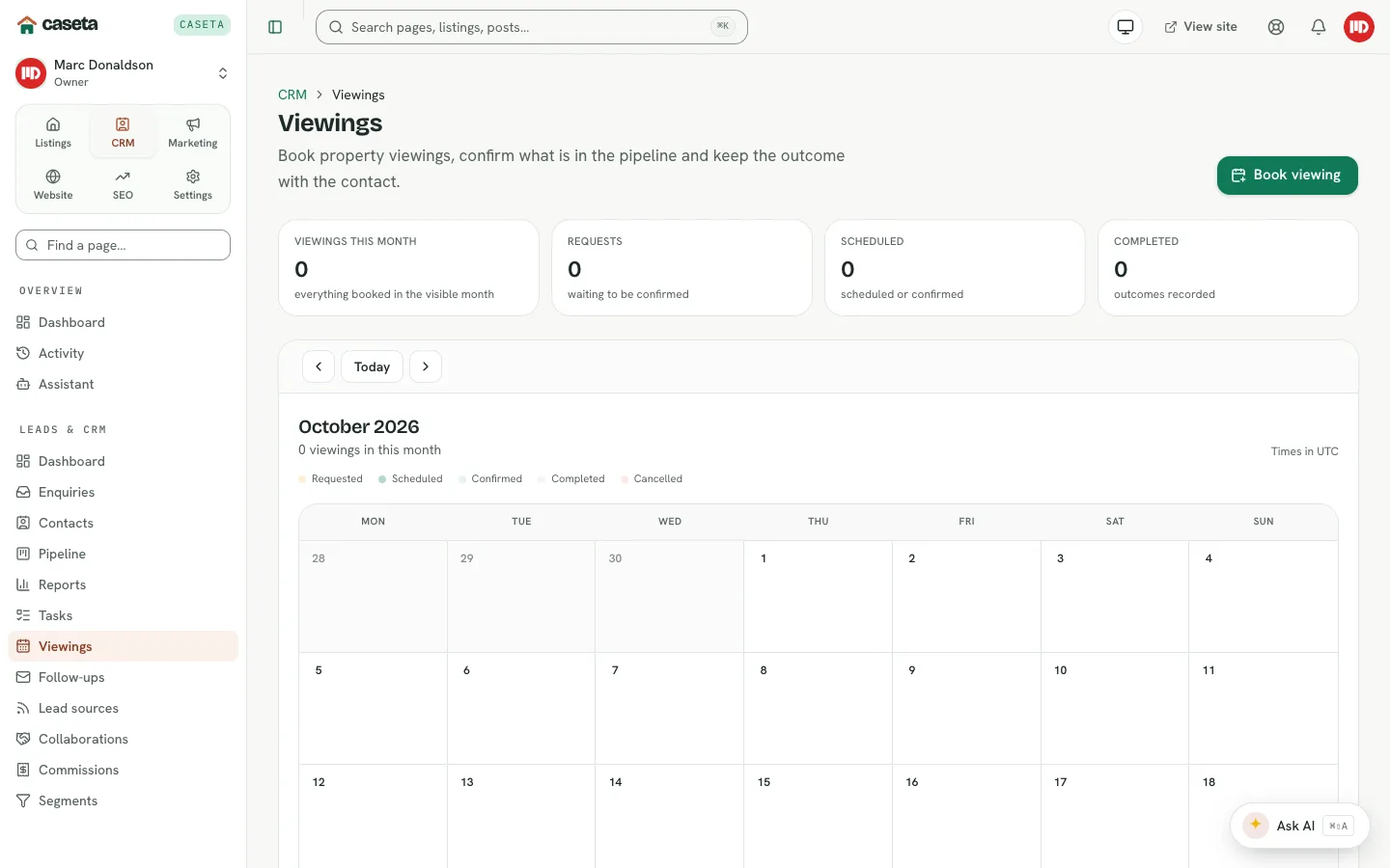 Viewings calendar and pipeline