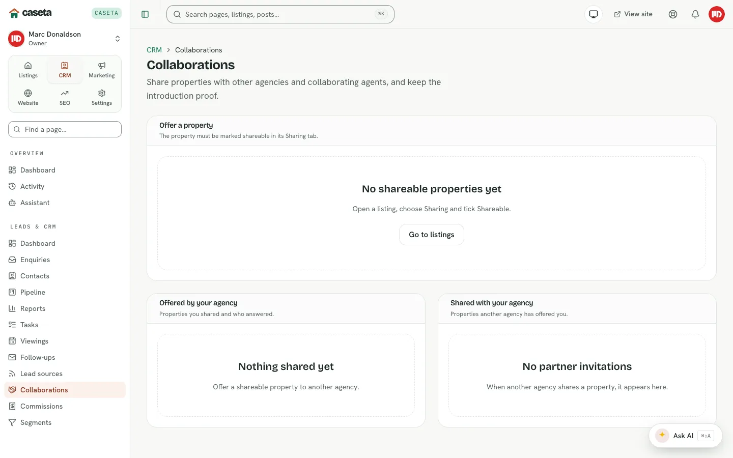 CRM collaborations page with offer and shared links