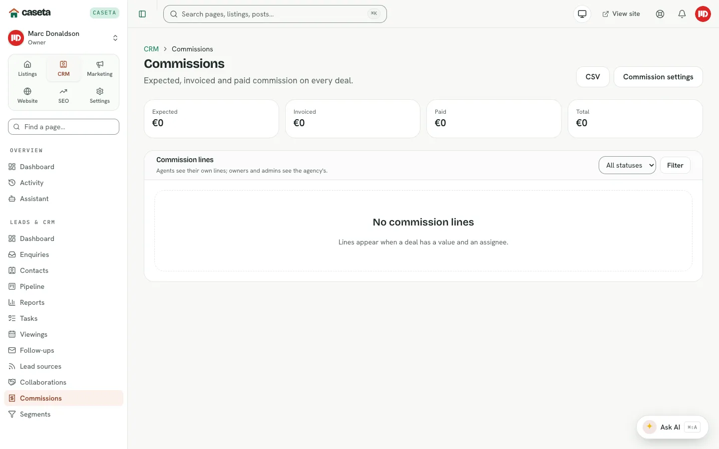 CRM commissions page with summary and lines