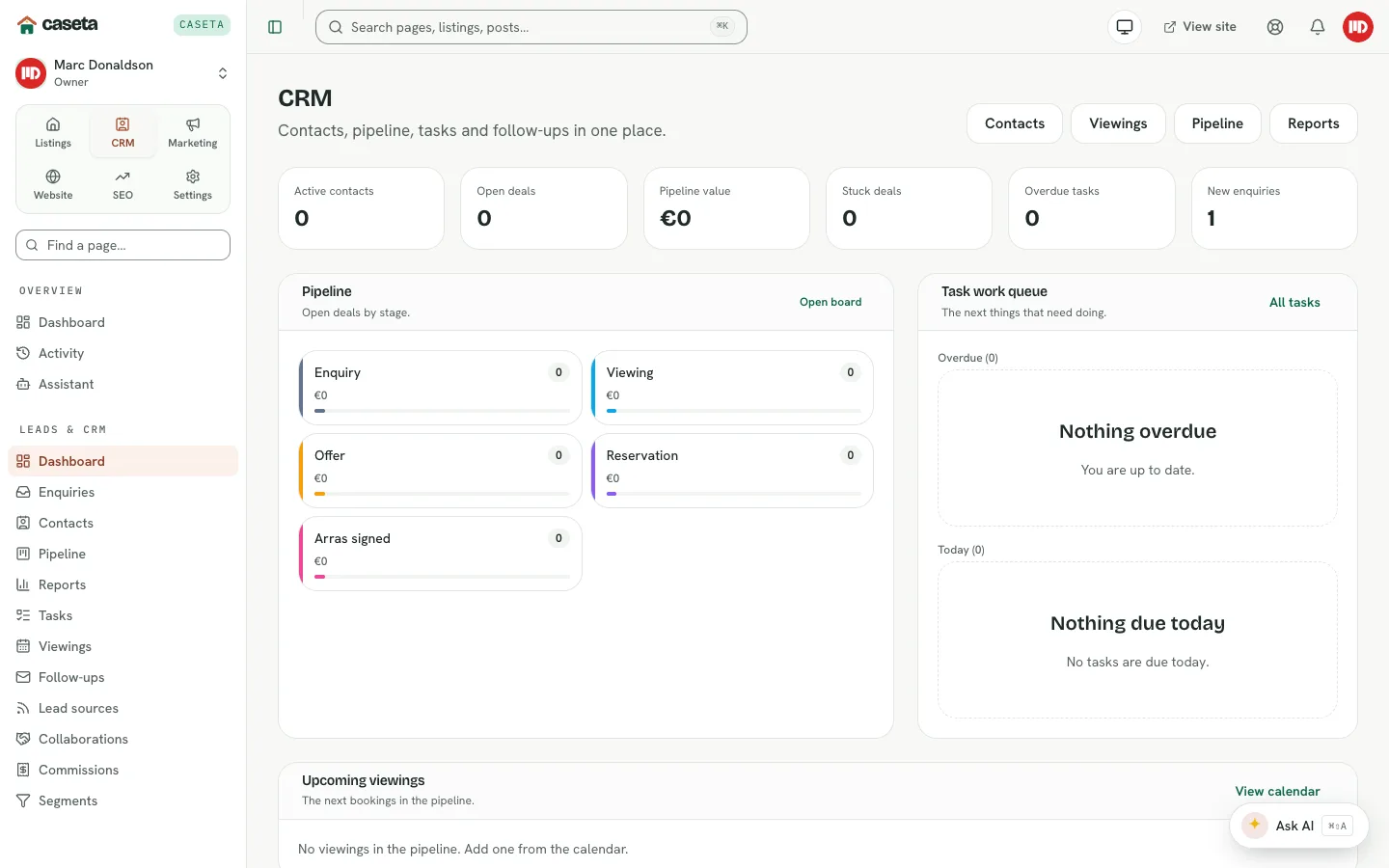 CRM dashboard with pipeline, tasks, viewings and enquiries