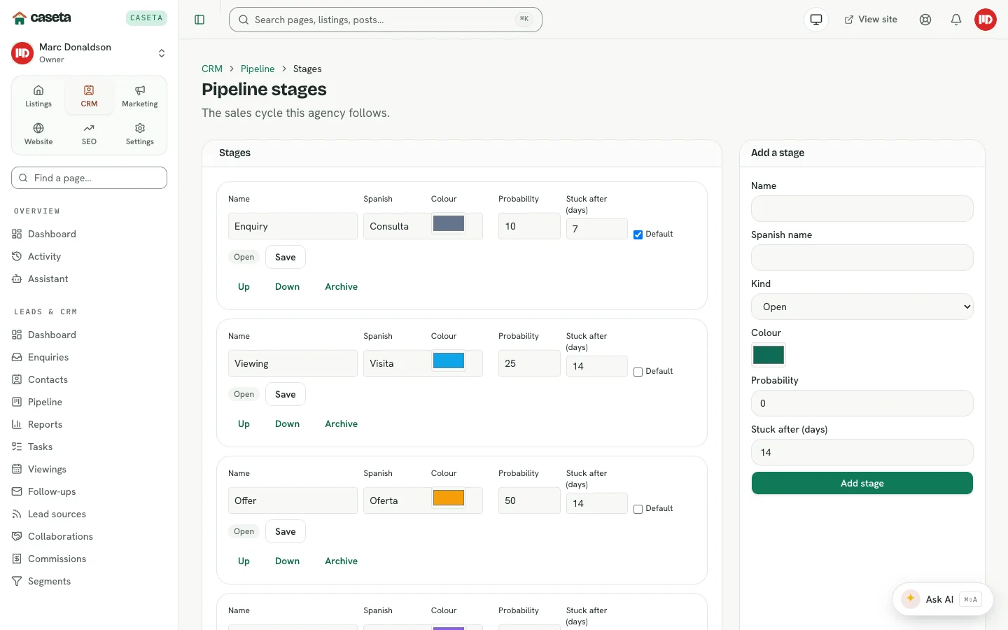 CRM pipeline stage settings