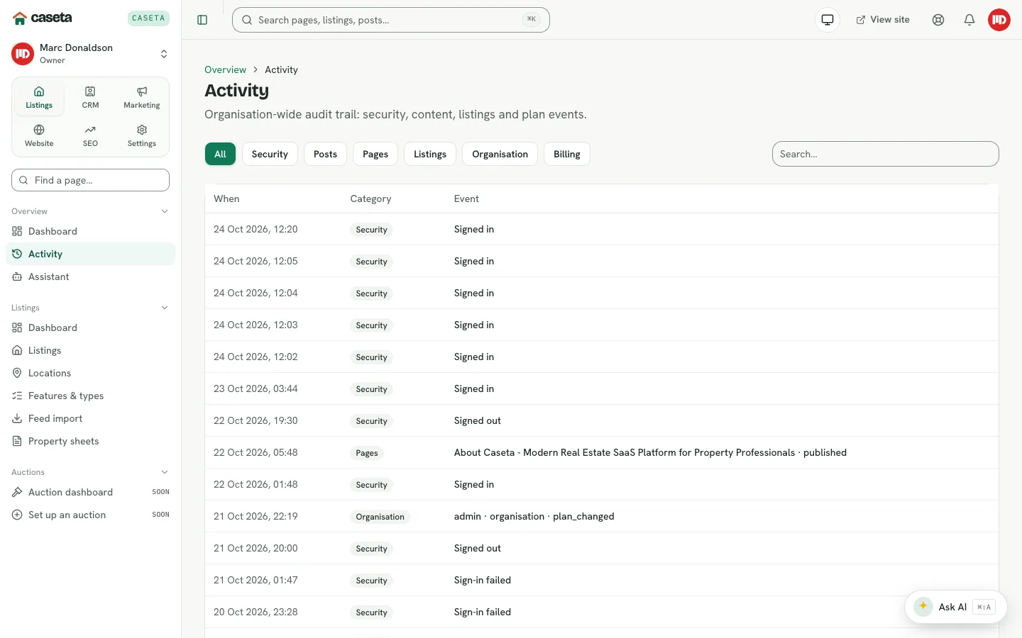 Activity page with category filters and the event table