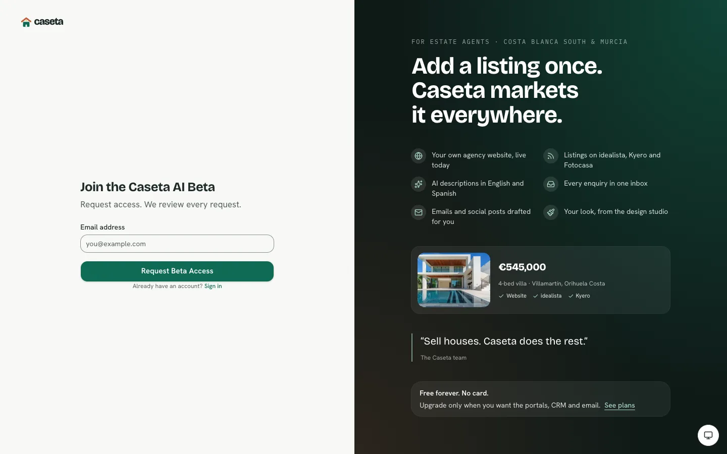 Caseta beta access request page