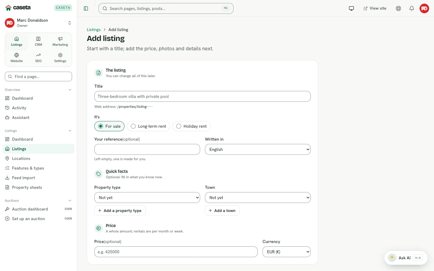 Add listing form with title, reference, type, town and price