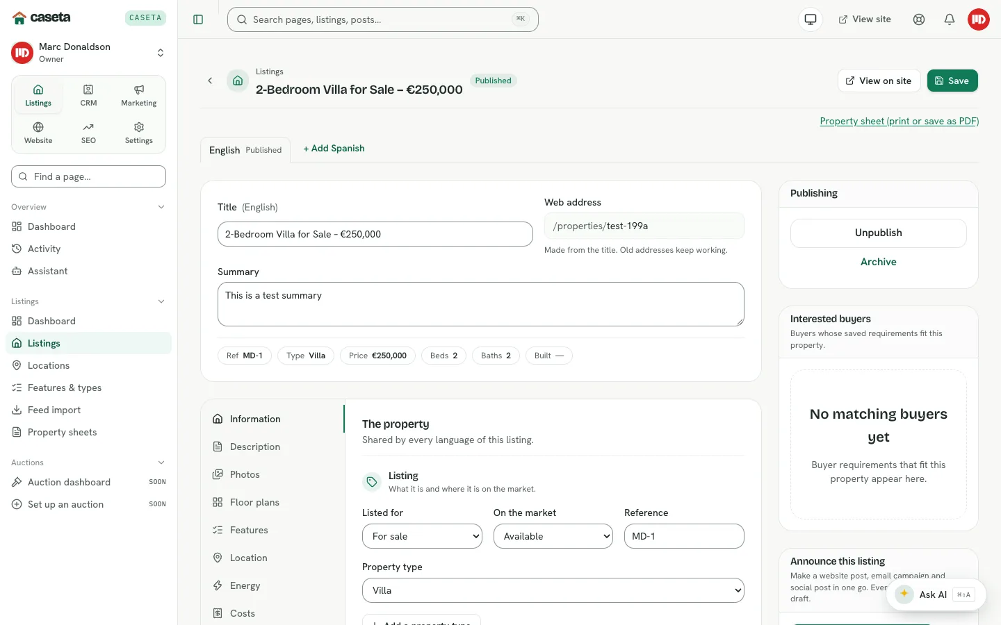 Listing editor with the publishing panel in the side column