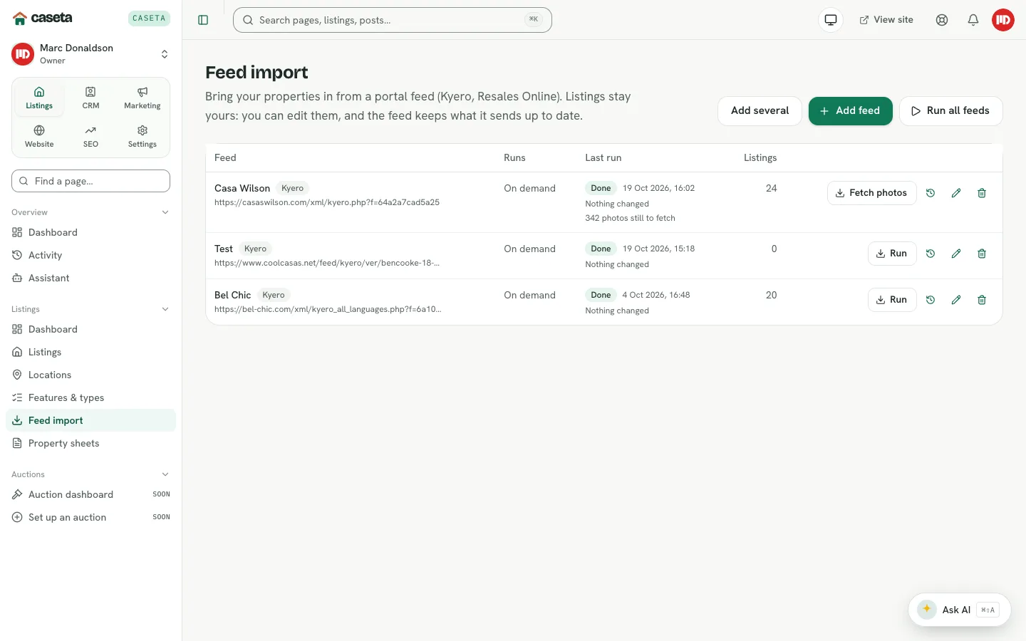Feed import list with runs and actions