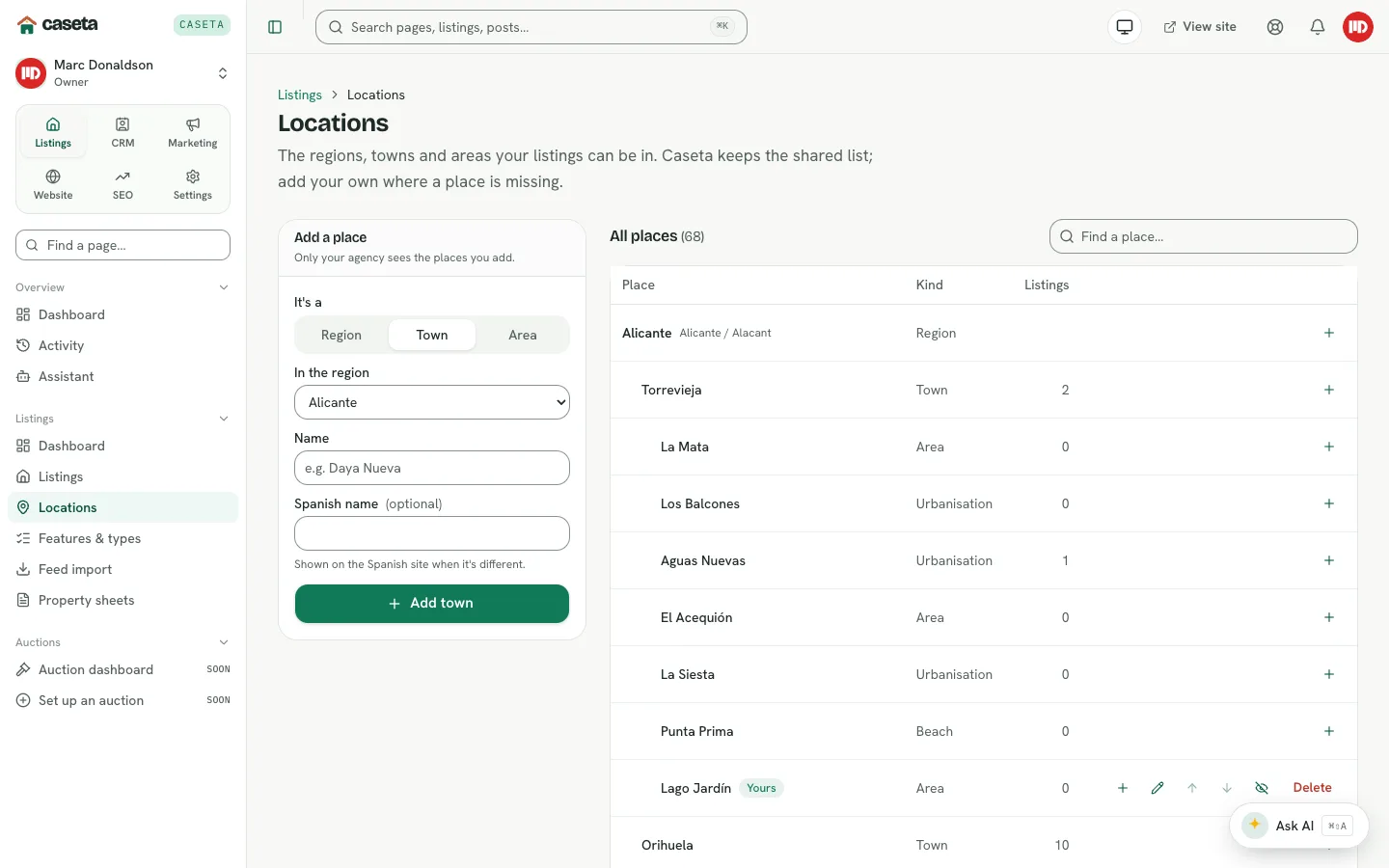 Locations manager with the region, town and area tree