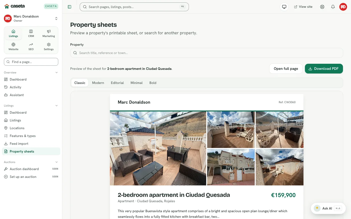 Property sheets tool with listing selection and print actions