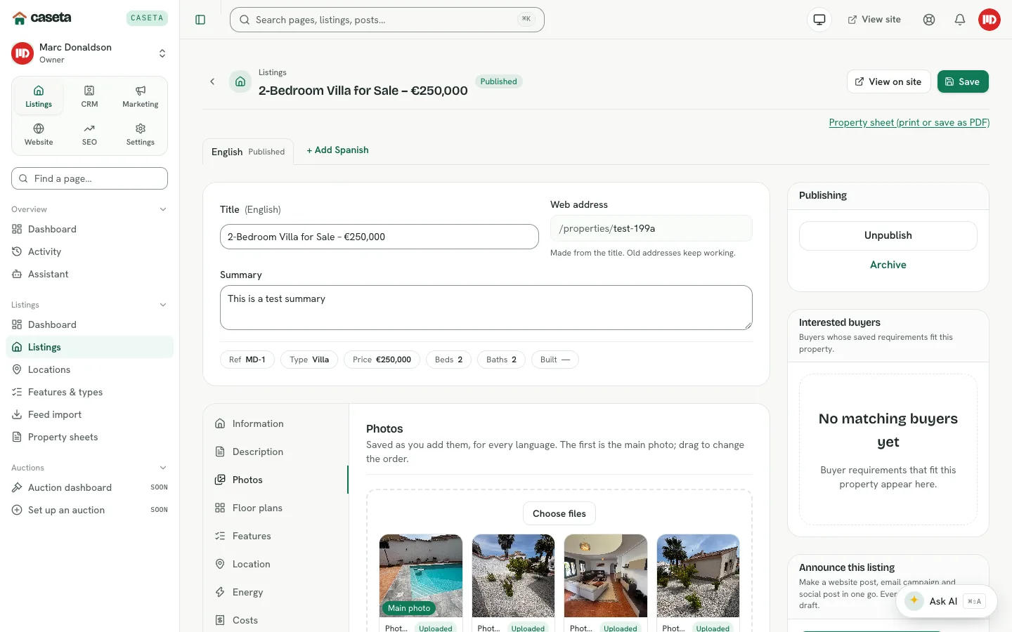 Listing editor Photos tab with the photo gallery