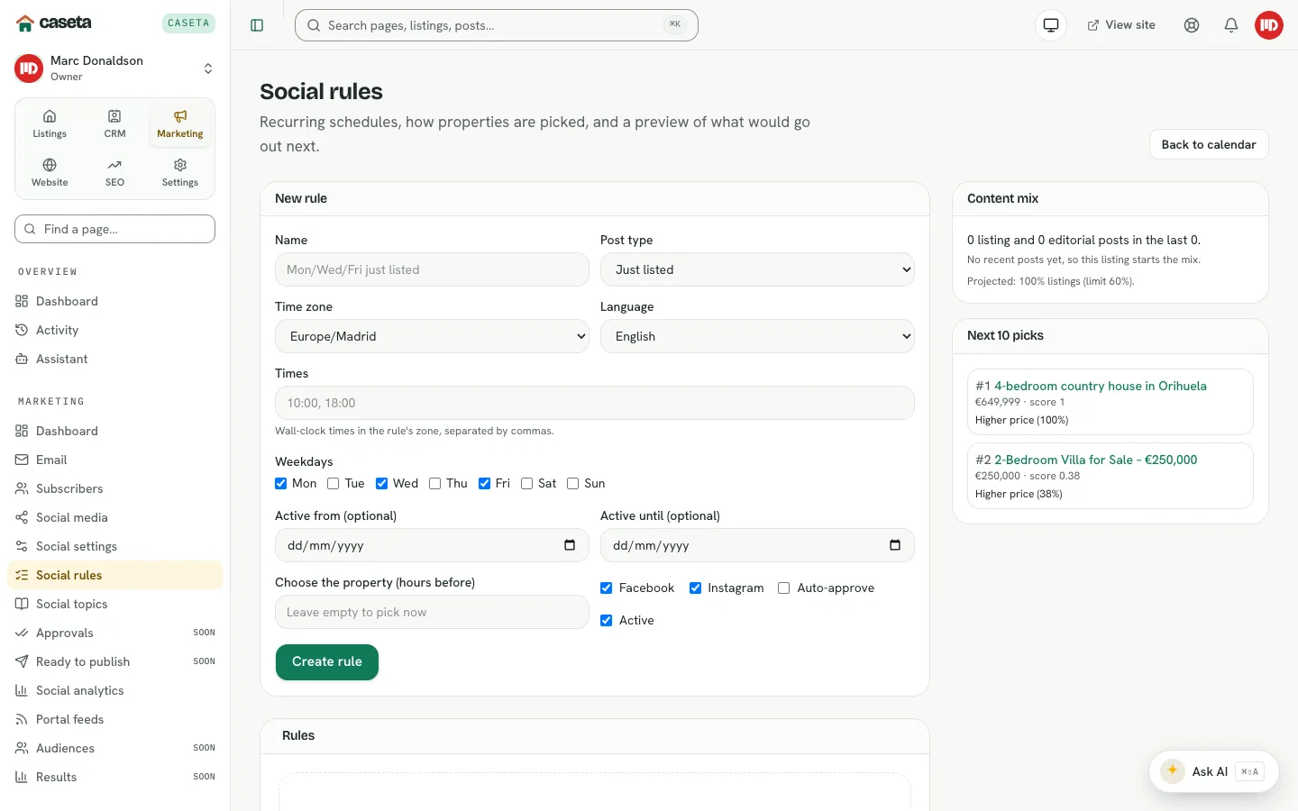 Social rules page with new rule and content mix