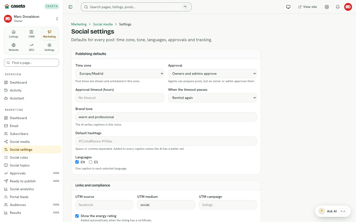 Social settings with publishing defaults and compliance