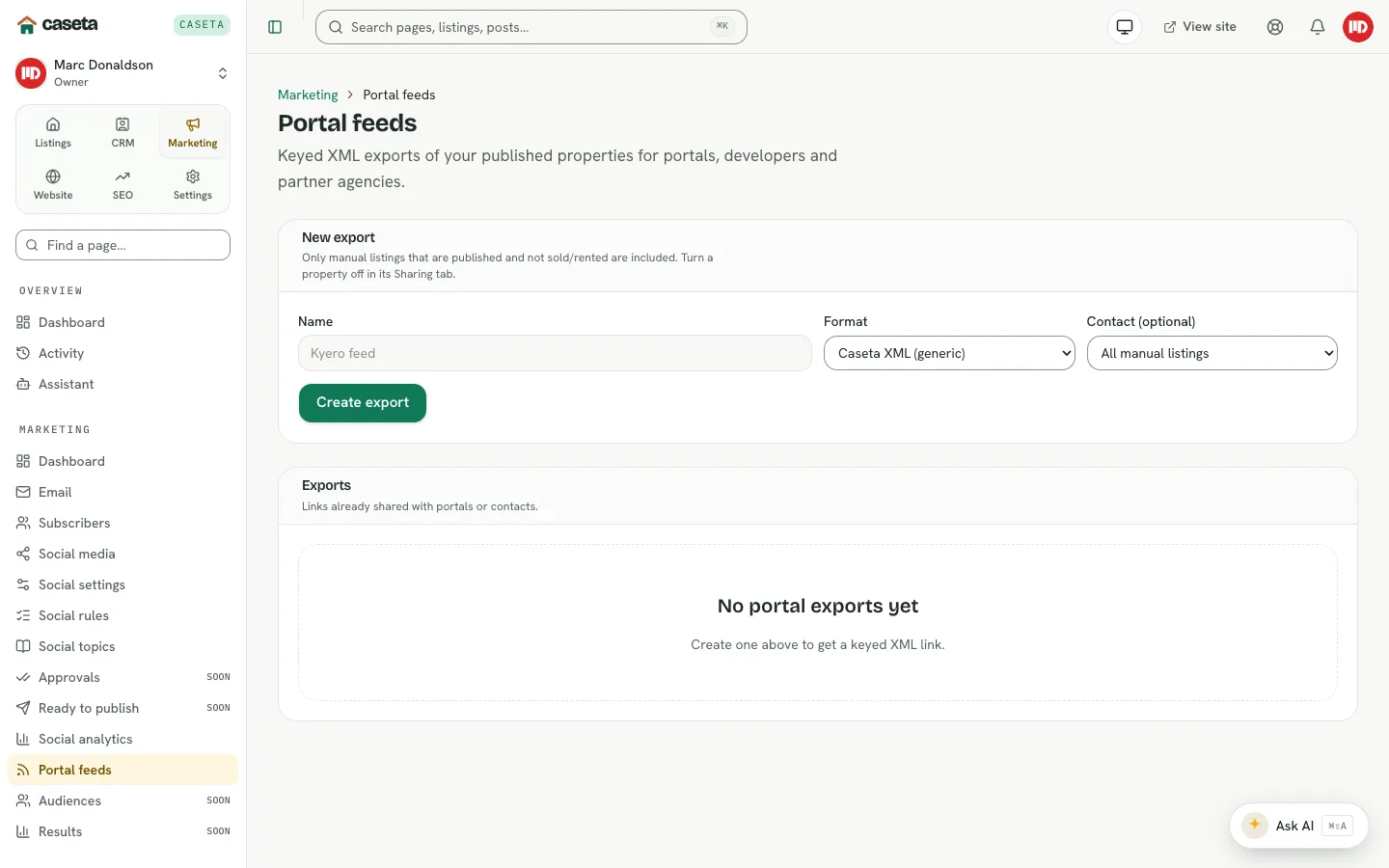 Portal feeds page with new export and exports list