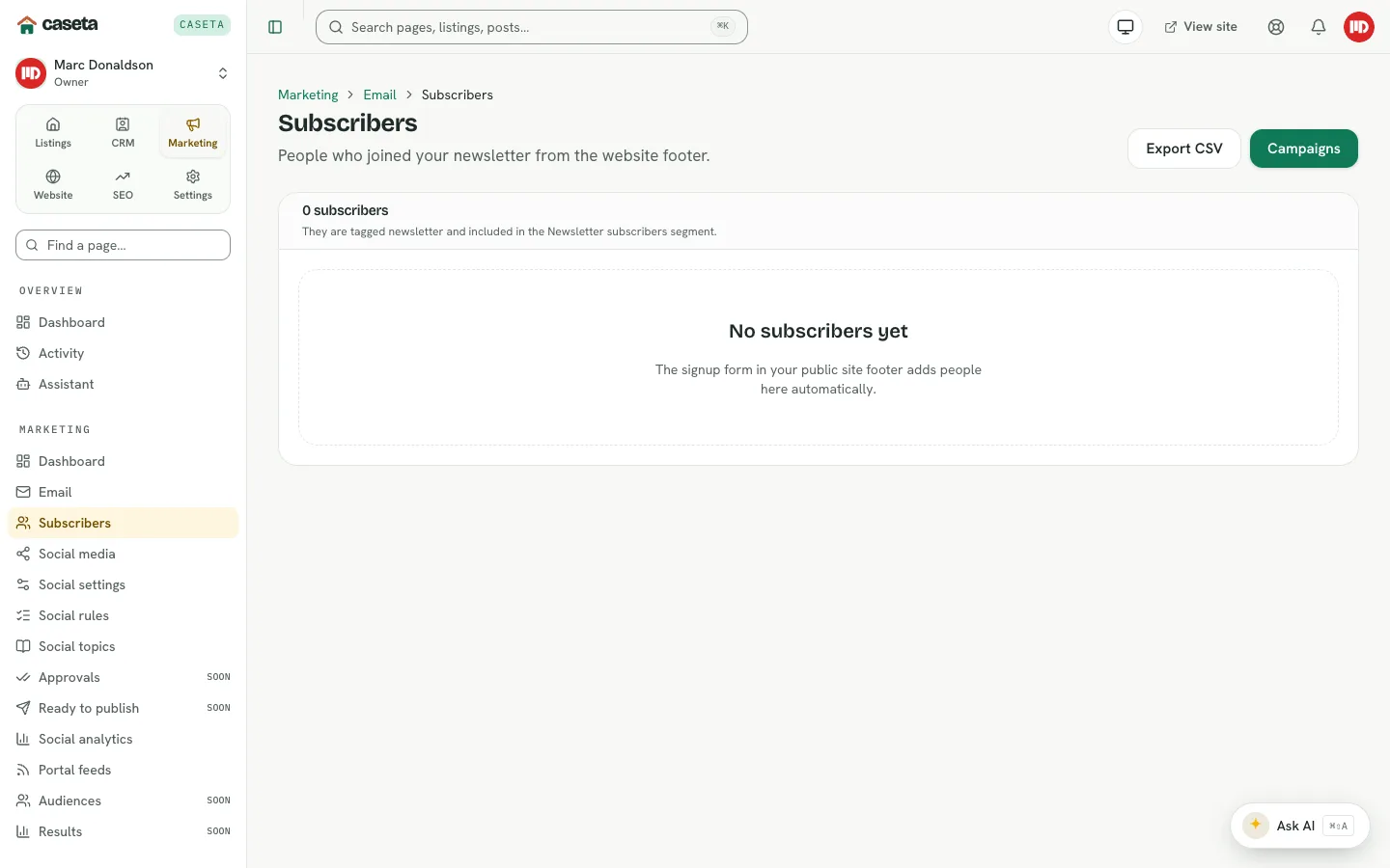 Newsletter subscribers page