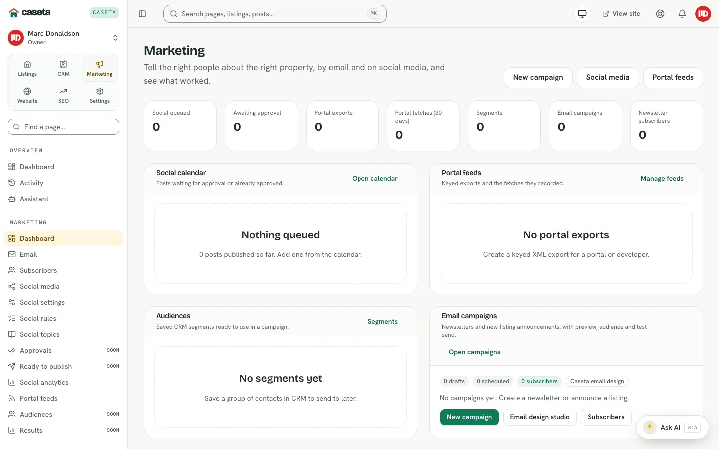 Marketing dashboard with social calendar, feeds and campaigns