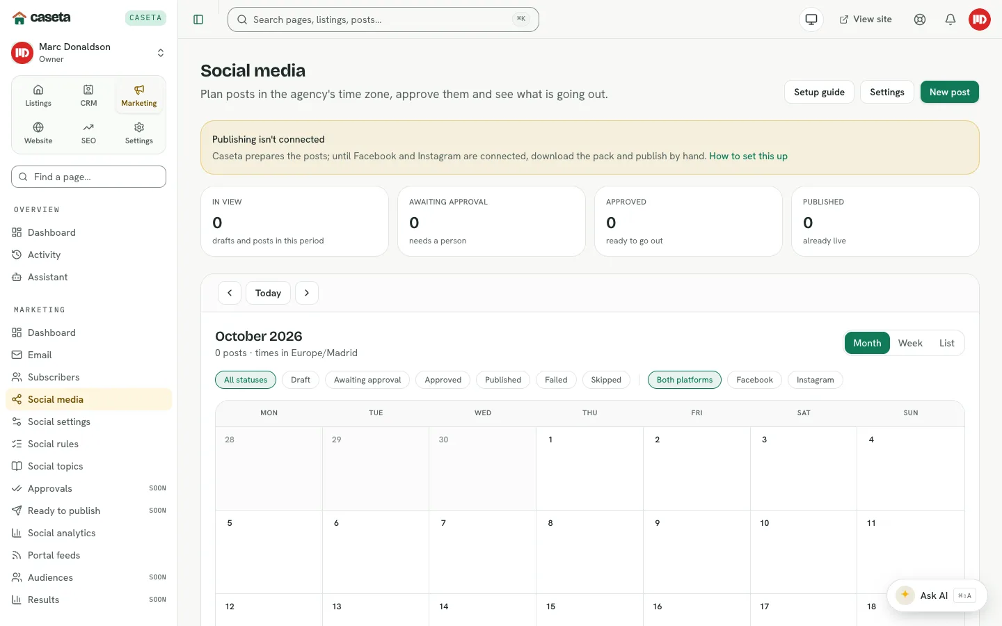 Social media calendar with month view and post list