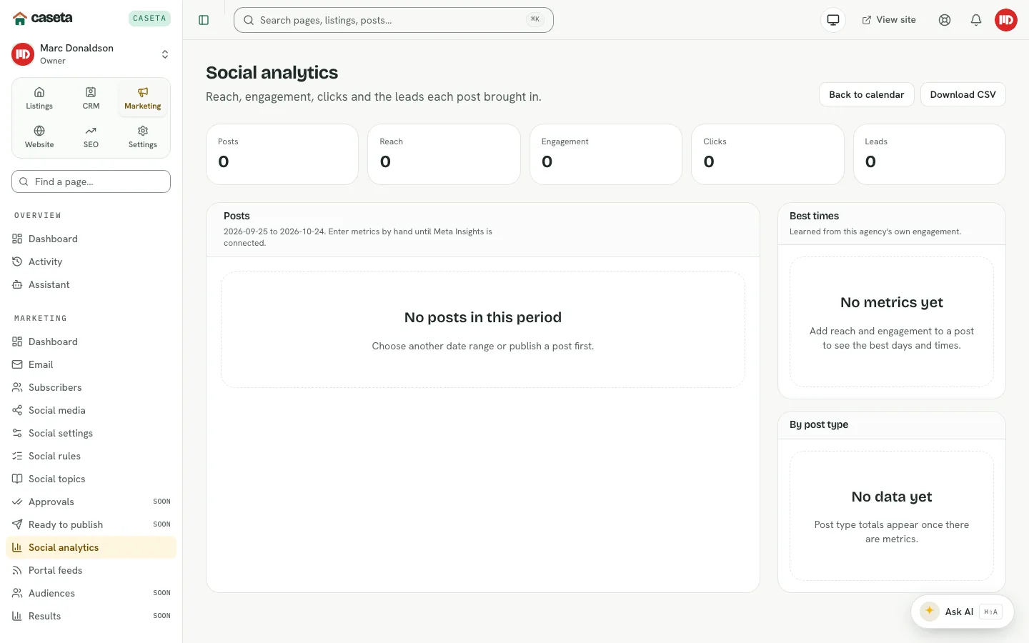 Social analytics with posts, best times and post types