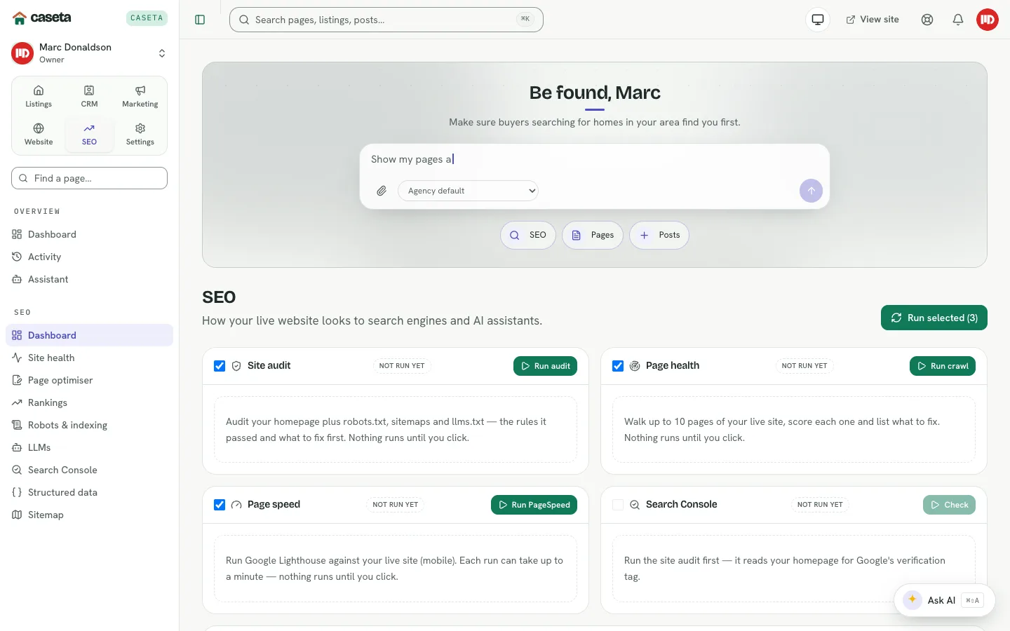 SEO dashboard with audit checks and site summaries