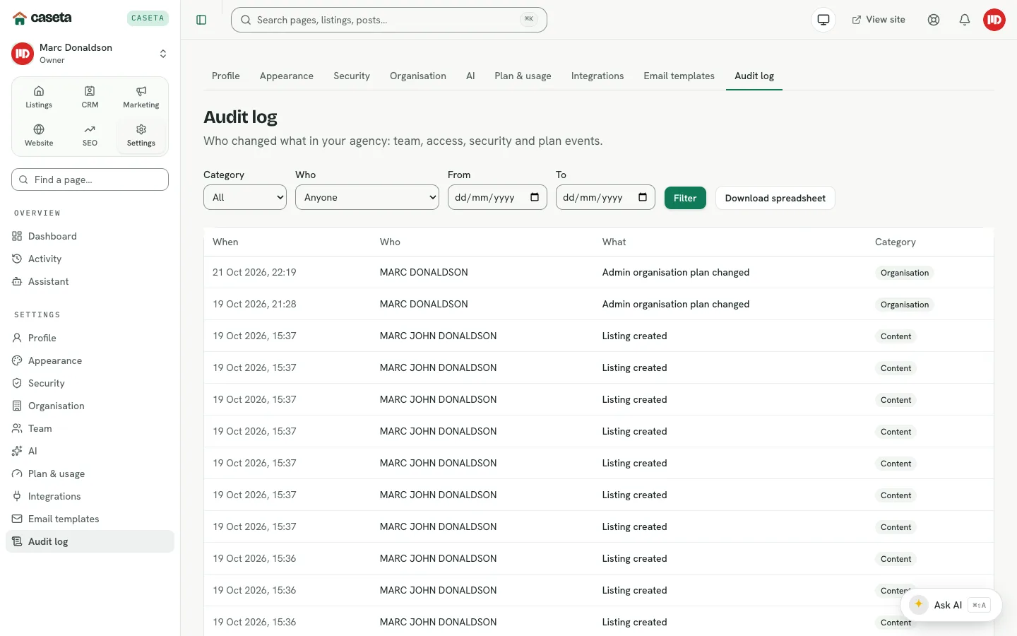 Audit log with filters and export
