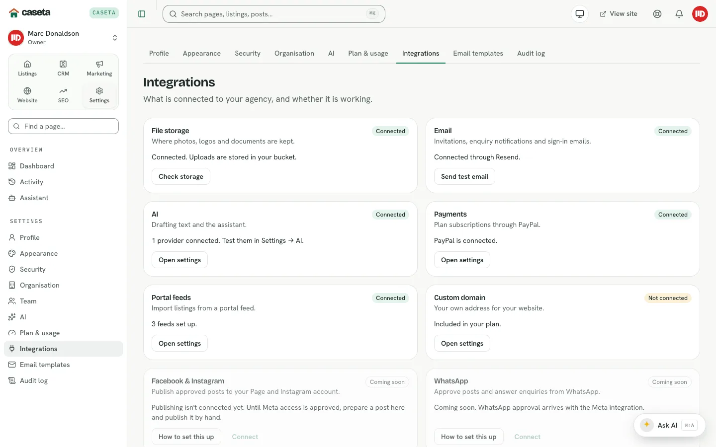 Integrations page with connected services and tests