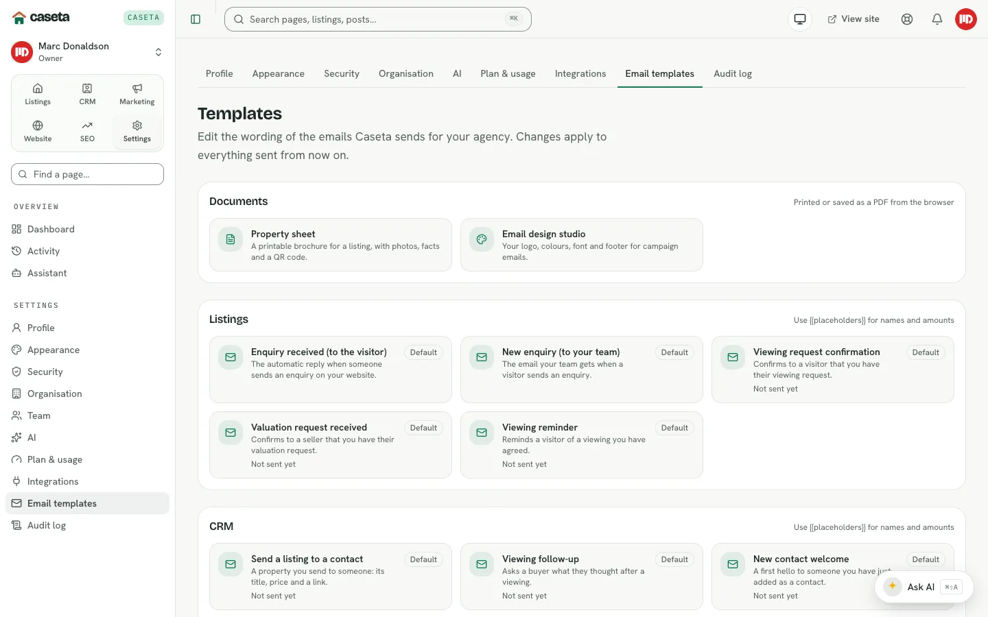 Email templates list