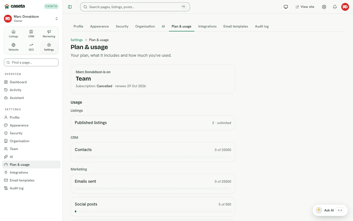 Plan and usage page