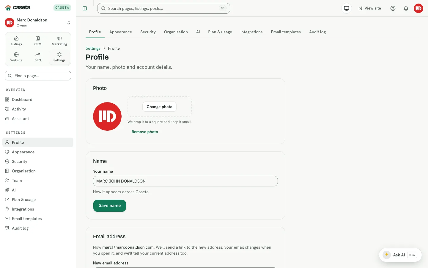 Profile settings with name, email, photo and delete account