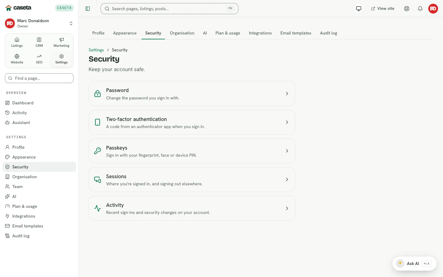 Security settings