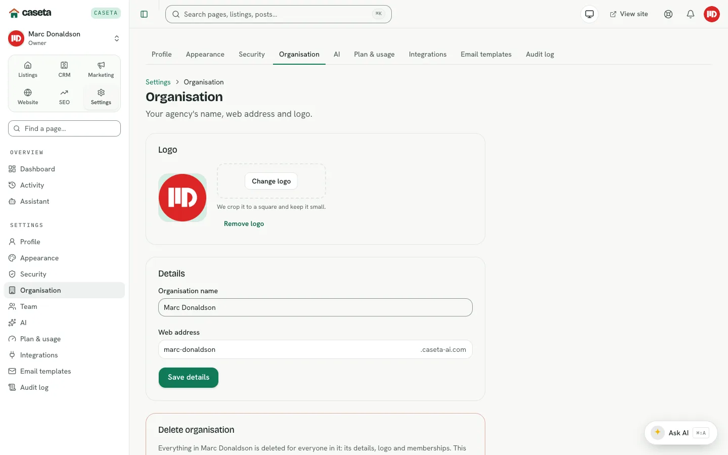 Organisation settings for the agency name, address and logo