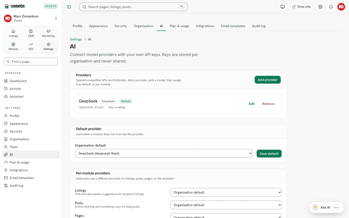 AI provider settings used by AI content tools