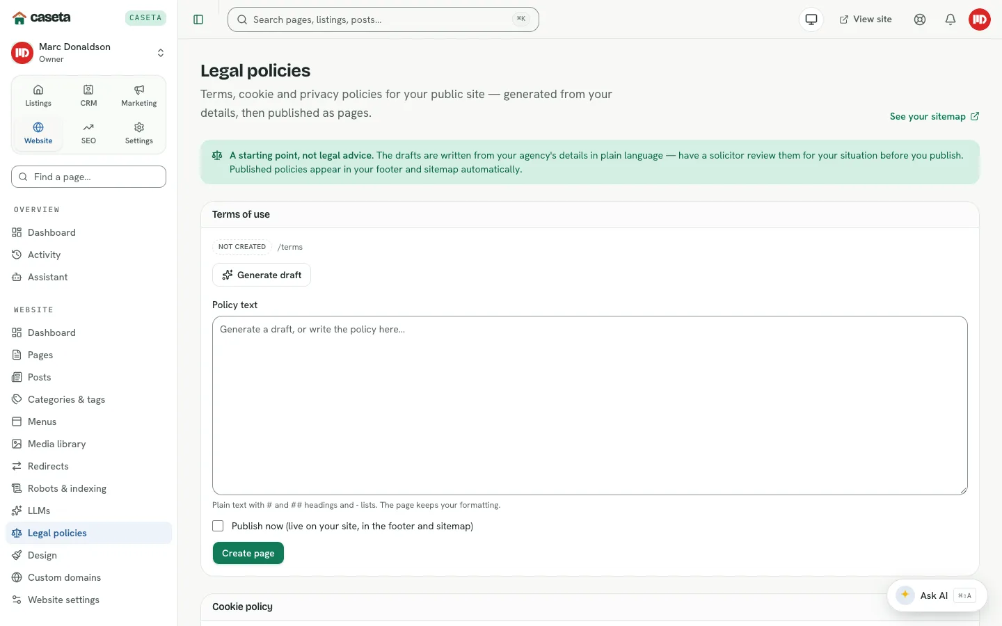 Legal policies page with policy editors
