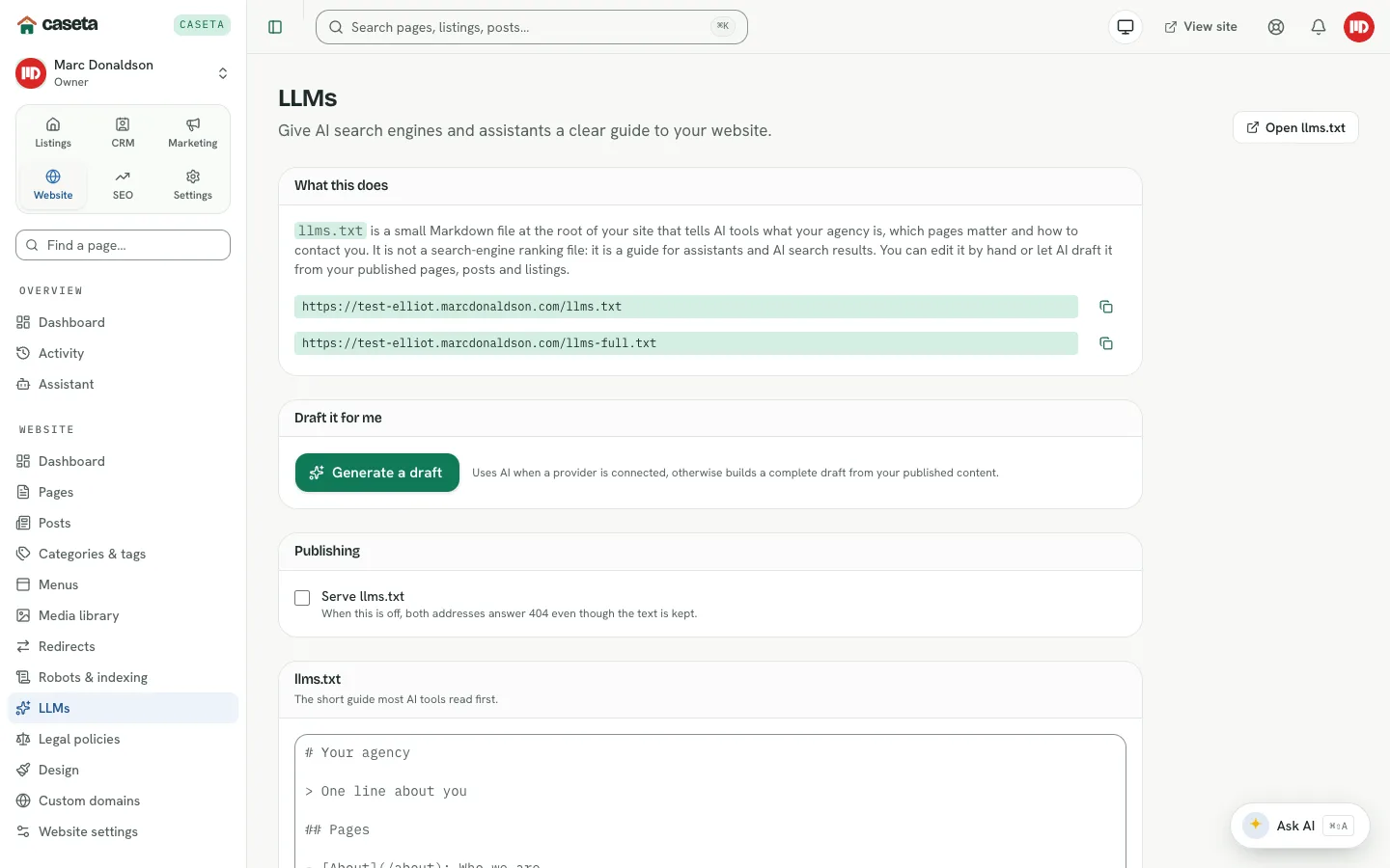 LLMs page with llms.txt editor and publishing