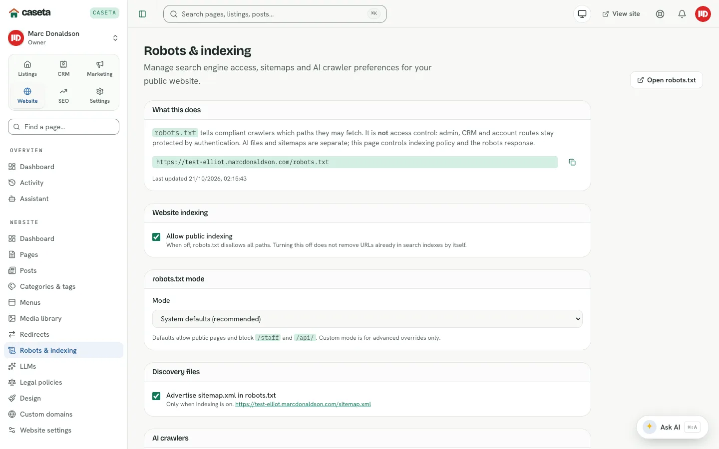 Robots and indexing settings with generated preview