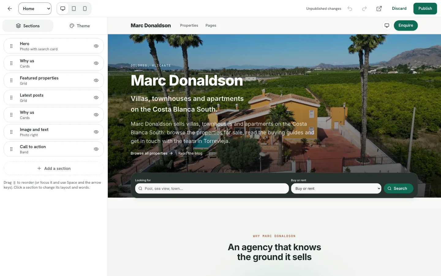 Website design studio with sections panel and live preview