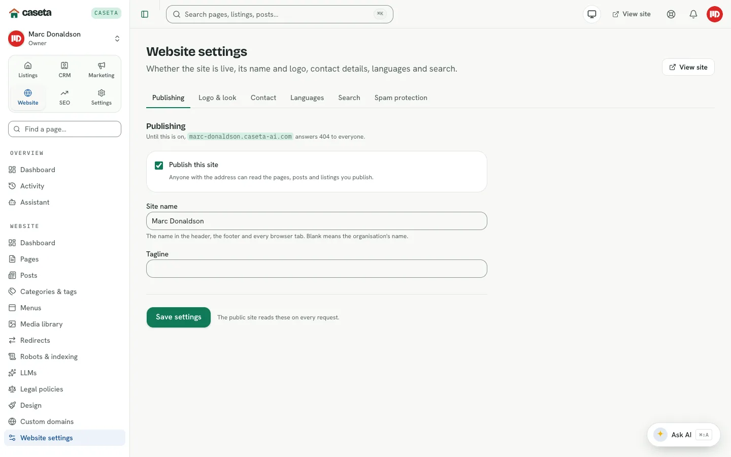 Website settings with the master publishing switch