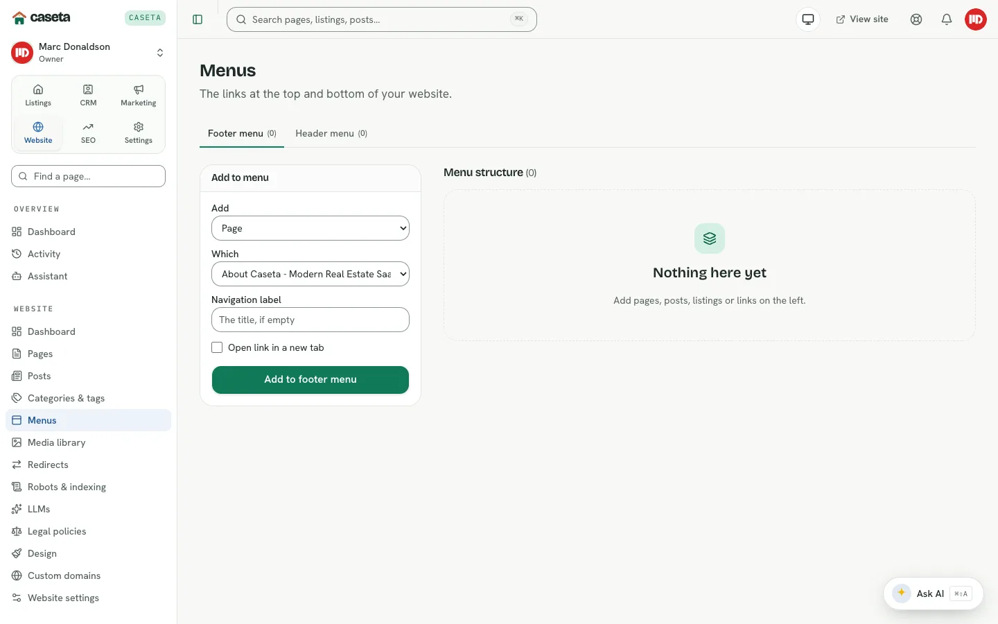 Website menus manager with add and structure panels