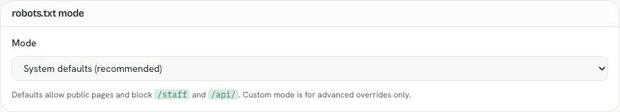 Website indexing settings