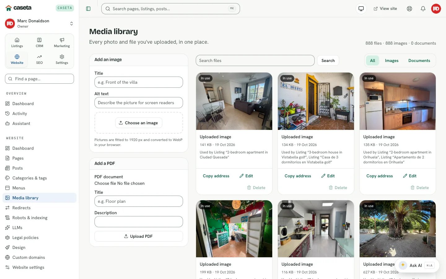 Media library with image and PDF upload panels