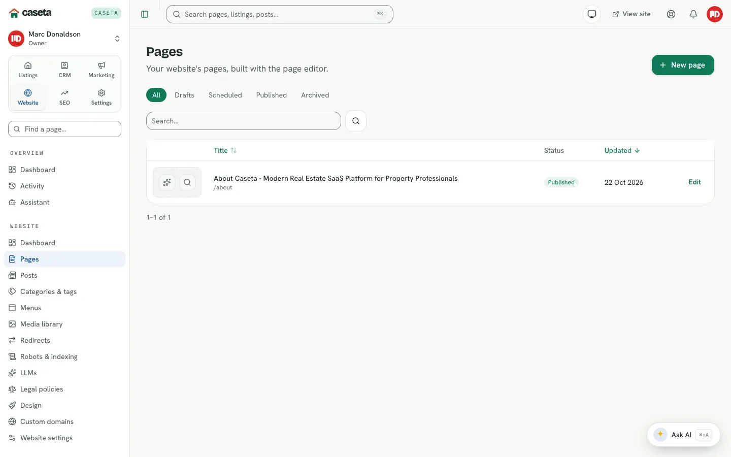 Website pages list with status filters and create action